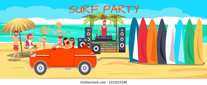 Surf party illustration with lettering. Sea resort activities. Young people with surfboards on ocean beach. Surfers dancing, driving car cartoon characters. Summer time banner flat template