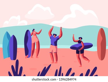 Surf Party on Exotic Seaside Resort. Male and Female Sportsmen with Boards Relax on Sandy Beach. Summertime Leisure, Surfing Sport, Recreation, Summer Sports Activity. Cartoon Flat Vector Illustration