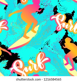 Surf pattern. Handwritten lettering SURF with the silhouette of a surfer who cuts through the wave. Word in bright summer color for your t-shirt, hoody on black background