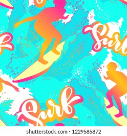 Surf pattern. Handwritten lettering SURF with the silhouette of a surfer who cuts through the wave. Word in bright summer color for your t-shirt, hoody on white background