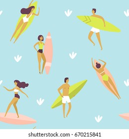 Surf pattern. Surfing seamless background. Summertime vector illustration. Flat design. Young people swimming and have good time. 