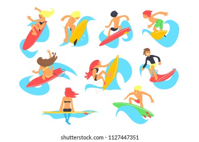 Surf people characters with surfboard riding waves set, cartoon vector Illustrations on a white background