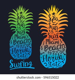 Surf pineapple  illustration, tee shirt graphics, vectors, typography