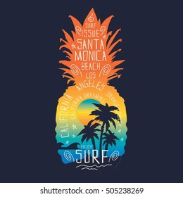 Surf pineapple illustration, typography, t-shirt graphics, vectors