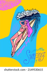  Surf Poster or banner. The girl lies on the board floating on the sea wave. Summer California pins set. Retro surfboard, beach and sea. Engraved emblem or logo hand drawn. Sports in Hawaii.