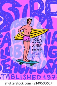  Surf Poster or banner. A man rides a skateboard and holds a board. Retro Wave and palm. Summer California pin. Surfboard, beach and sea. Engraved emblem or logo hand drawn. Vintage Sport in Hawaii.