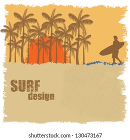 Surf poster design with surfer and palms, vector illustration