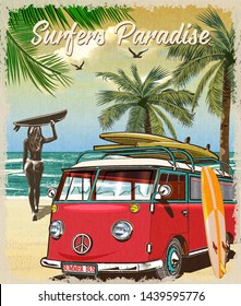 Surf poster with retro bus and girl carrying surfboard.