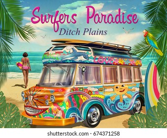  Surf poster with retro bus and  girl carrying  surfboard.