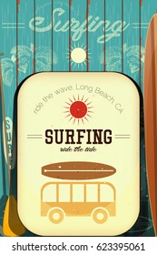 Surf  Poster in Retro Style for Surfing Club or Shop with Boards. Advertising on the Beach.  Vector Illustration.