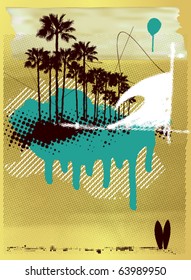 surf poster with wave and palms in grunge background