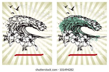 surf posters with big waves and hibiscus