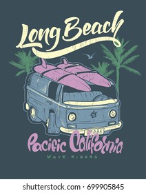 Surf print. Lettering with a minivan. Vector illustration