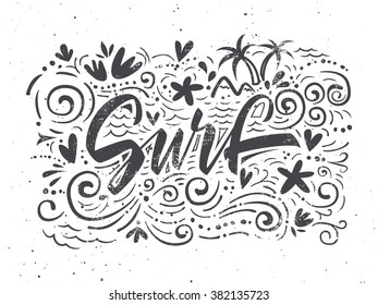 Surf to print T-shirts. Hand lettering. Handmade. Abstract illustration.