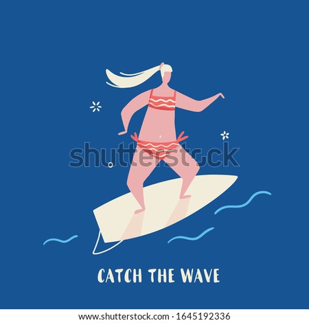 Surf Quote poster, vector Hawaiian poster, tropical postcard in cartoon style with girl in bikini