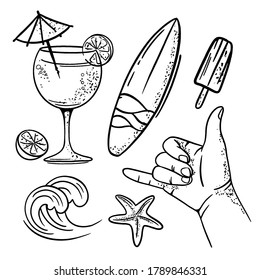 SURF RELAX Summer Vacation Cruise Sea Beach Travel Hand Drawn Vector Illustration Set For Print