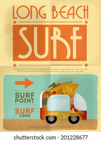Surf Retro Poster with Bus in Vintage Design Style. Vector Illustration.