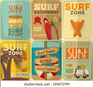 Surf Retro Posters Collection in Vintage Design Style. Vector Illustration.