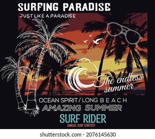 Surf ride club vector graphic print design. Summer paradise watercolor artwork for t shirt, poster, sticker and others uses.