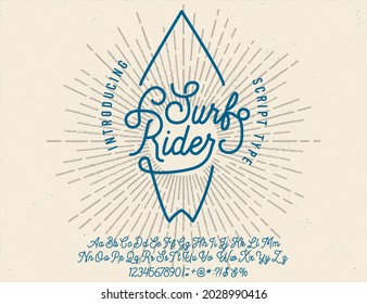 Surf Ride. Script typeface. Malibu. Summer Time. Waikiki beach. Vector illustration. Retro typeface and logo. Summer style.