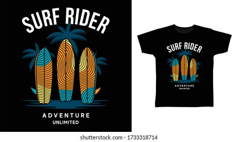 Surf rider design vector with surfboard illustration, ready for print on t-shirt