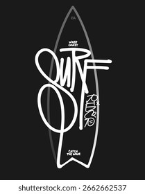 Impresión del Vector de las letras del graffiti del jinete del surf con la tabla de surf para las camisetas del verano