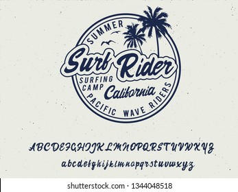 Surf Rider. Handmade Script Font. Original Style. Retro Fashioned T Shirt Badge. Vector Illustration.