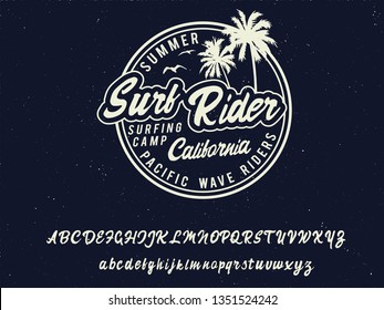 Surf Rider. Handmade script font. Original style. Retro Fashioned T Shirt Badge. Vector Illustration.