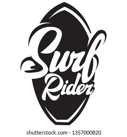 Surf rider lettering poster. Surfing related t-shirt design. Vector vintage illustration.