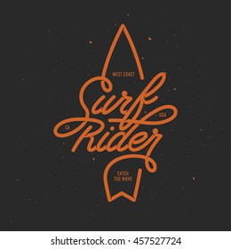 Surf rider lettering poster. Surfing related t-shirt design. Vector vintage illustration.