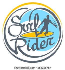 Surf rider logo artwork. Vector illustration on the Surfing theme. Stamp typography, t-shirt graphics, poster, banner, flyer, postcard