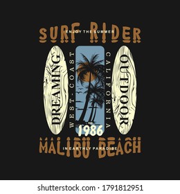 surf rider malibu beach graphic typography vector t shirt design