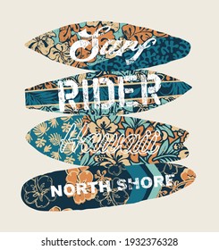 Surf Rider North Shore Hawaii Vector Print For Summer T Shirts With Grunge Surfboard Patchwork Background