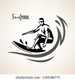 surf rider symbol, print template, stylized vector silhouette of surfer