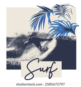 surf rider symbol, print template, stylized vector silhouette of surfer