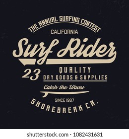 Surf Rider typography. California state,  vintage vector t-shirt and apparel design, typography, print, logo, poster. Vector