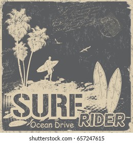 Surf rider typography design t-shirt or poster on grunge retro style, vector illustration