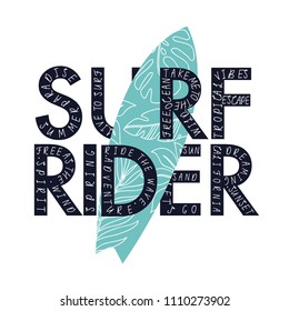 Surf Rider typography design.Surfboard vector print.Summer quotes.