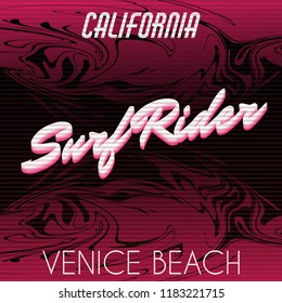 Surf rider. Vector poster with hand drawn liquid texture made in vaporwave style. Template for card, banner, print for t-shirt, pin, badge, patch.