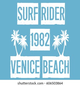 Surf rider, venice beach, slogan typography, t-shirt graphics, vectors