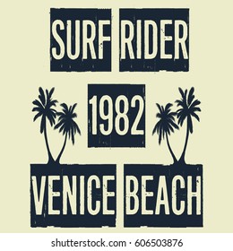 Surf rider, venice beach, slogan typography, t-shirt graphics, vectors