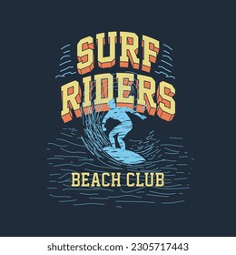 Surf Riders Beach club typography surfer vector illustration design