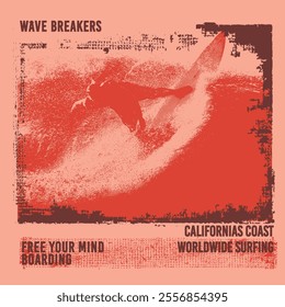 Surf Riders California high wave surfer drawing Graphic design poster vector print for t shirt