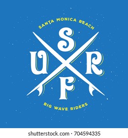 Surf riders typography. Surfing related lettering print. Design element for t-shirt prints posters advertising. Vector vintage illustration.