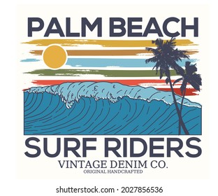 Surf riders vintage retro graphic print design. Palm tree watercolor vector artwork.