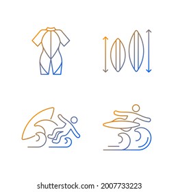 Surf Riding Gradient Linear Vector Icons Set. Wetsuit. Choosing Surfboard Size. Surf Wipeout. Flight Maneuver. Thin Line Contour Symbols Bundle. Isolated Vector Outline Illustrations Collection