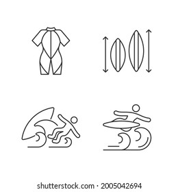 Surf Riding Linear Icons Set. Wetsuit. Choosing Surfboard Size. Surf Wipeout. Flight Maneuver. Customizable Thin Line Contour Symbols. Isolated Vector Outline Illustrations. Editable Stroke