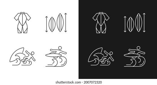 Surf Riding Linear Icons Set For Dark And Light Mode. Wetsuit. Choosing Surfboard Size. Surf Wipeout. Customizable Thin Line Symbols. Isolated Vector Outline Illustrations. Editable Stroke