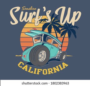 surf 's upcalifornia print and retro surf car illustration