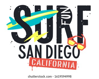 Surf San Diego California artwork for T-shirt Design. Summer Tee graphics. Hand drawn vector illustration on the theme of surfing and summer vacation